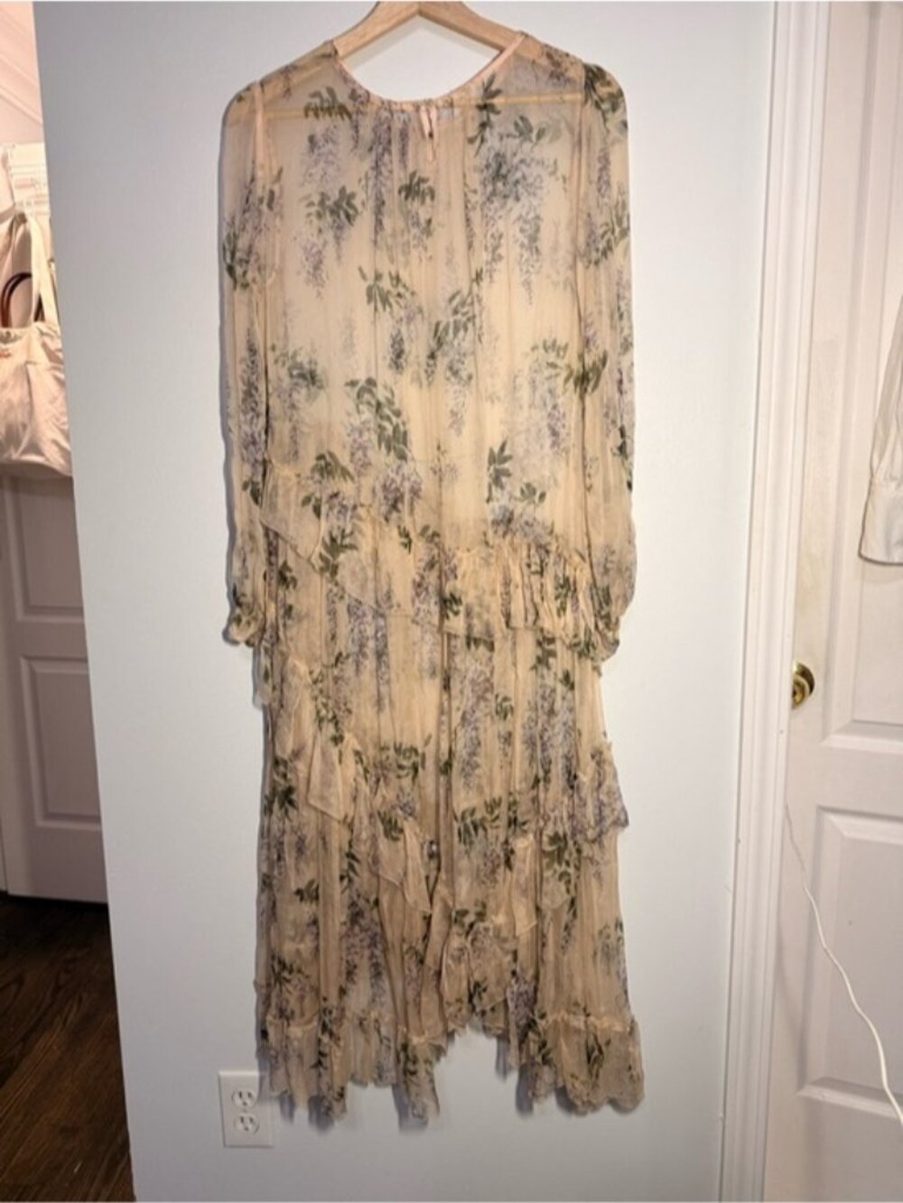 100% Silk Ethereal Floral Ruffled Sheer Dress size L - Picture 5 of 7